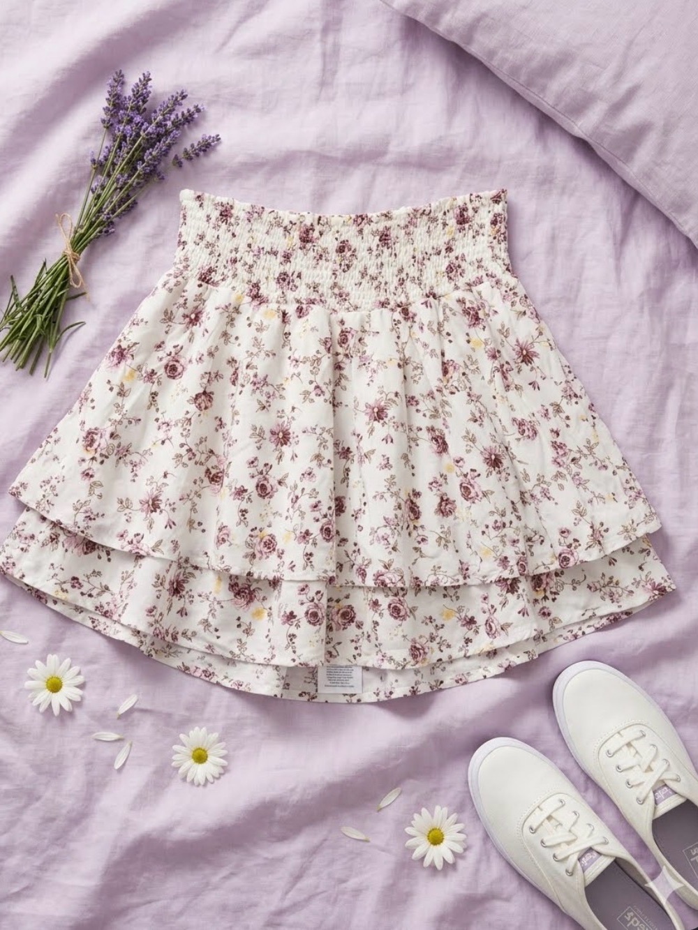 Floral Smocked Tiered Mini Skirt - White with Purple Floral